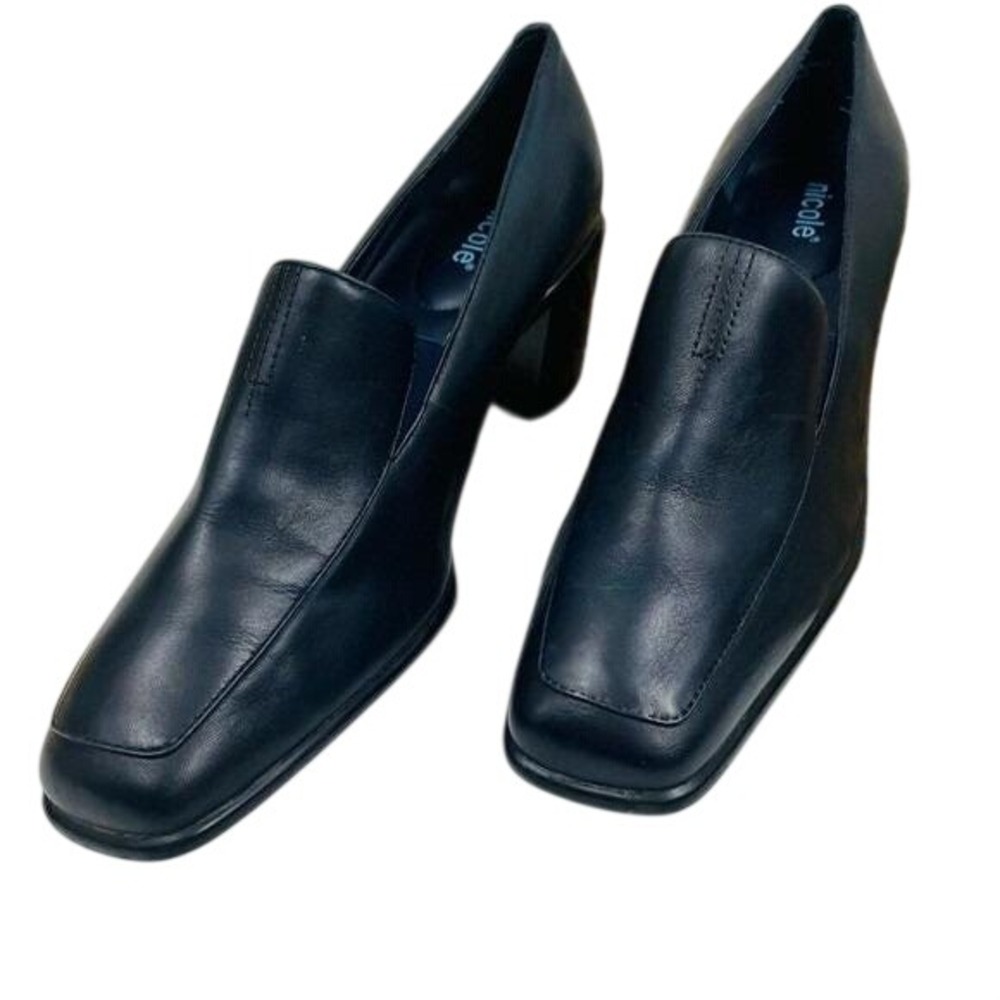 Nicole Navy Blue Classic Square Toe Block Heel Loafer Womens Preppy Size 7.5‎